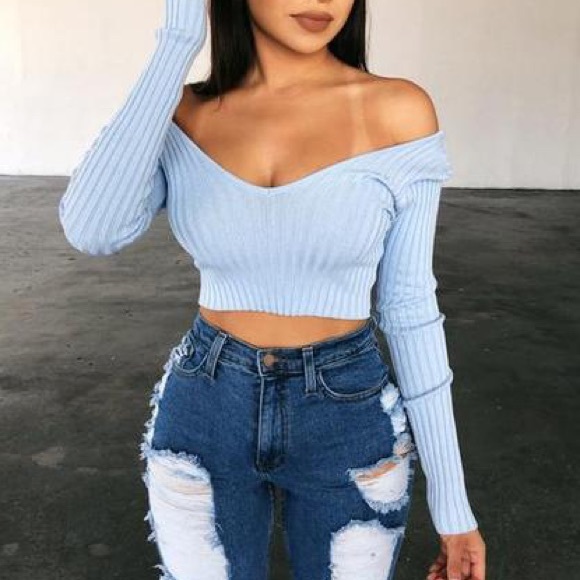 OOTDFash Tops - Blue Ribbed Long Sleeve Crop Top